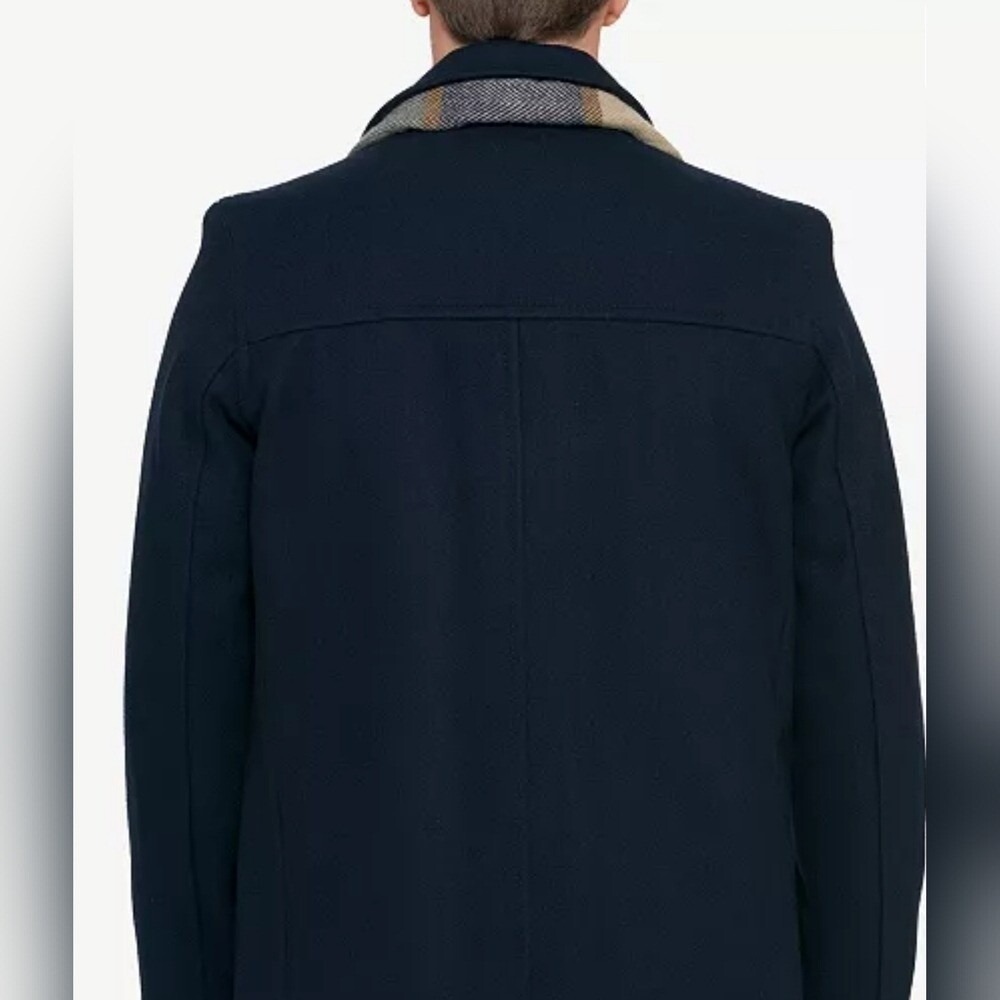 Tommy Hilfiger Mens Navy Blue Wool Blend Walker Coat with Plaid Scarf Size S - Picture 3 of 9